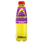 Lucozade - Energy Drink Caribbean Crush, 500ml plastic bottle with a purple and yellow label and red cap, priced at £1.50.